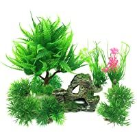 PietyPet - Decoración para peceras- diseño de roca de resina y plantas de plástico- 9 piezas- para acuario y pecera